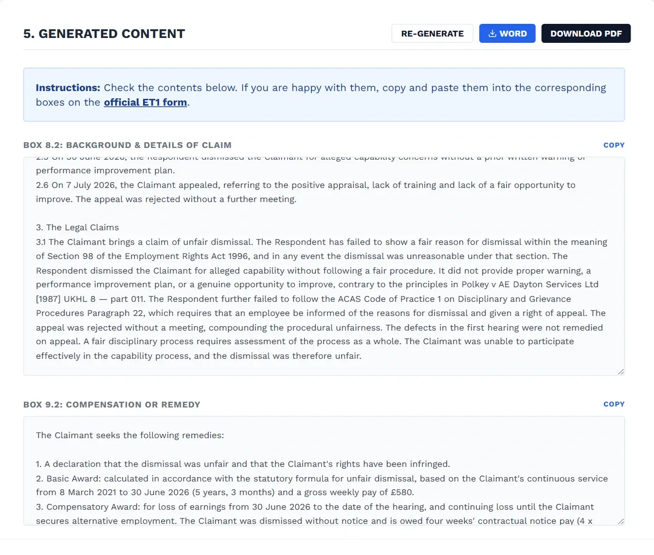 Example generated ET1 particulars of claim